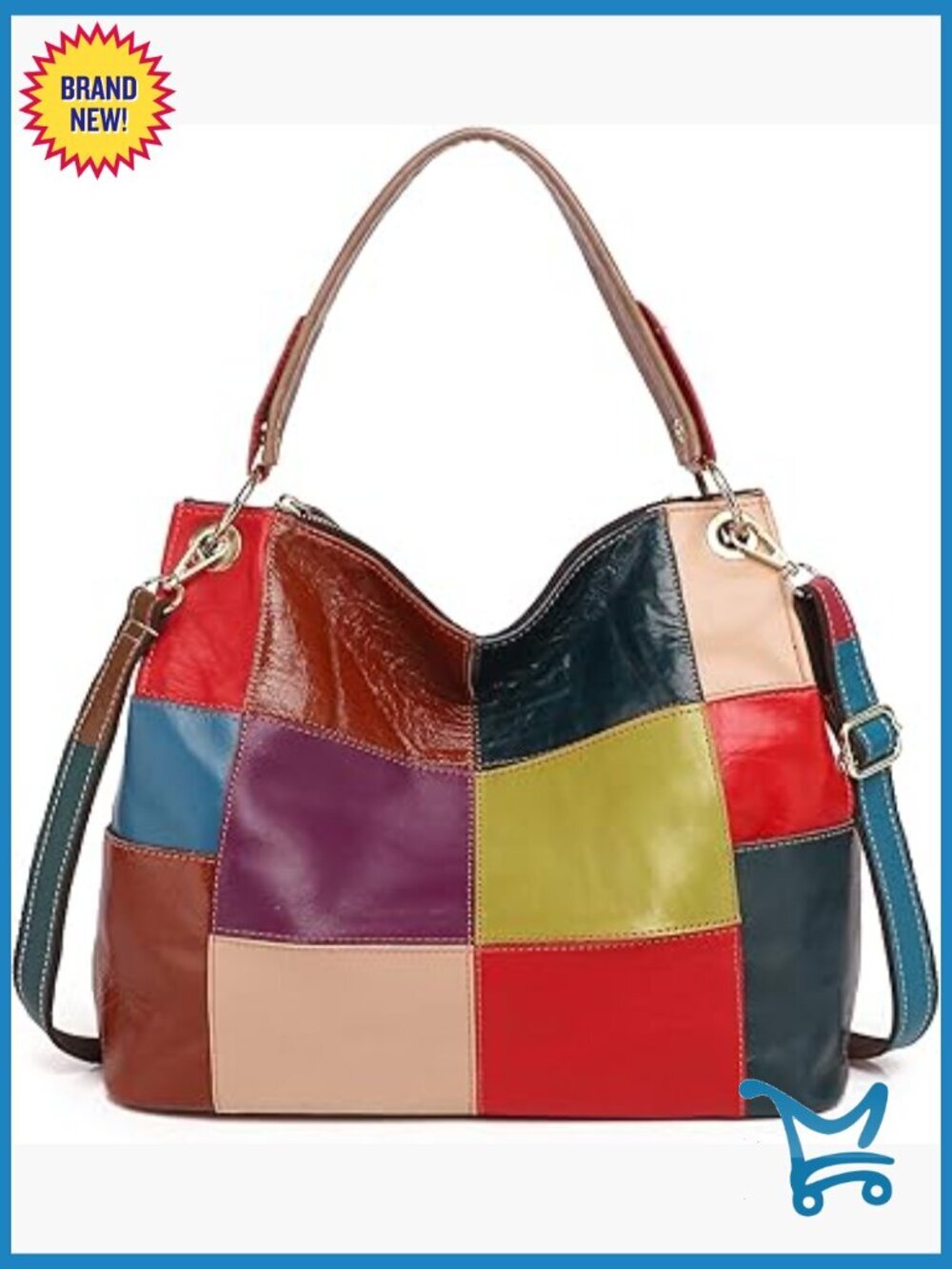 Large Leather Tote Bag with 8 Pockets, Adjustable Strap, Cube Design
